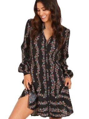 Free People Black Floral Long-Sleeve Button Dress